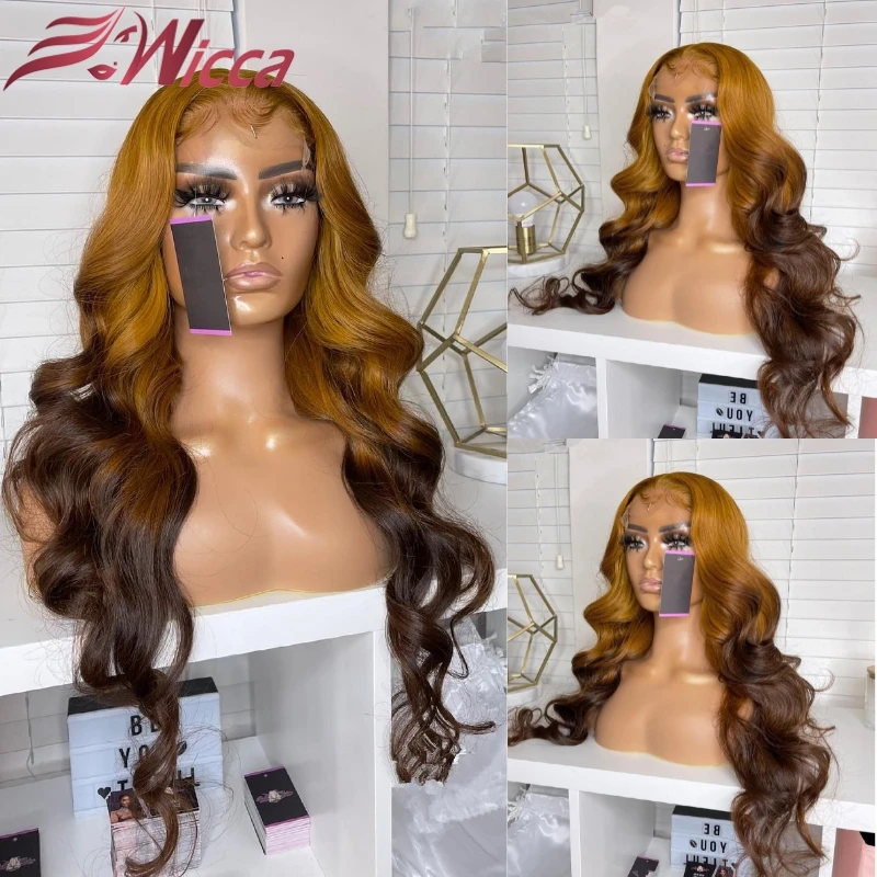 

Wicca 13X4 Lace Front Wig Body Wave Brown Ombre Colored Lace Front Wigs PrePlucked 180 Density Human Hair Wigs For Women