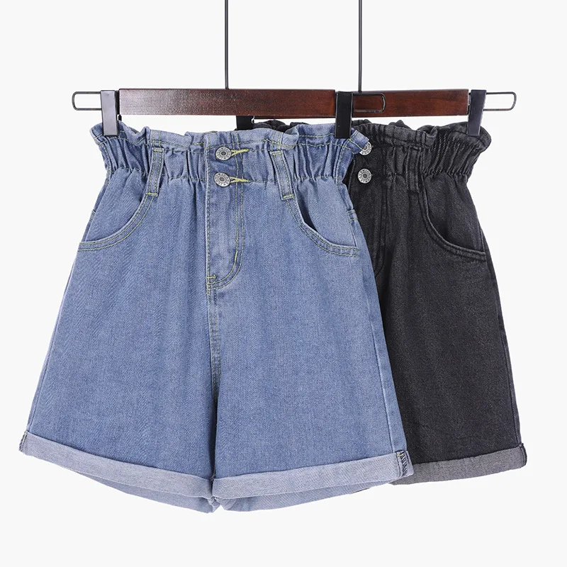 

Elastic waist shorts women short feminino denim Ladies sexy black high waist shorts plus size 5XL Ruffles Button Solid summer