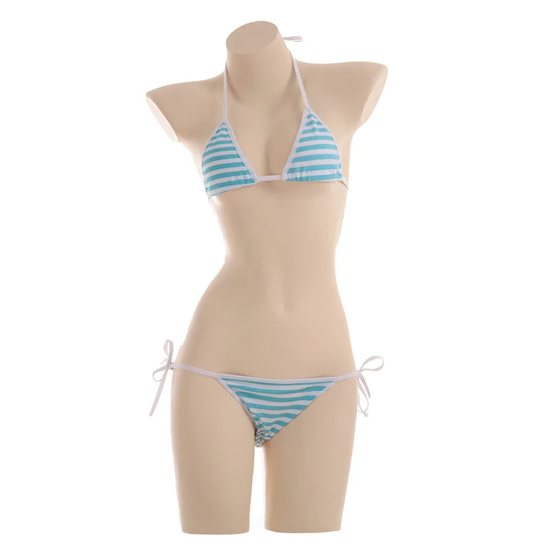 Y-81 Anime Miku Kawaii Mini Bikini Cosplay Blue White Striped Micro Bikini Swimming Suit for Women Tie Side Swimsuit Set - Цвет: Y-81
