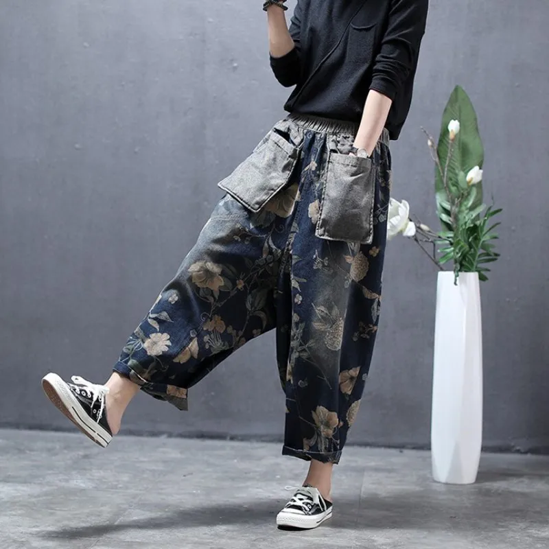 

New Women Baggy Drop Crotch Harem Pants Elastic Waist Vintage Floral Printed Cotton Jeans Pocket Casual Loose Fit Denim Trousers