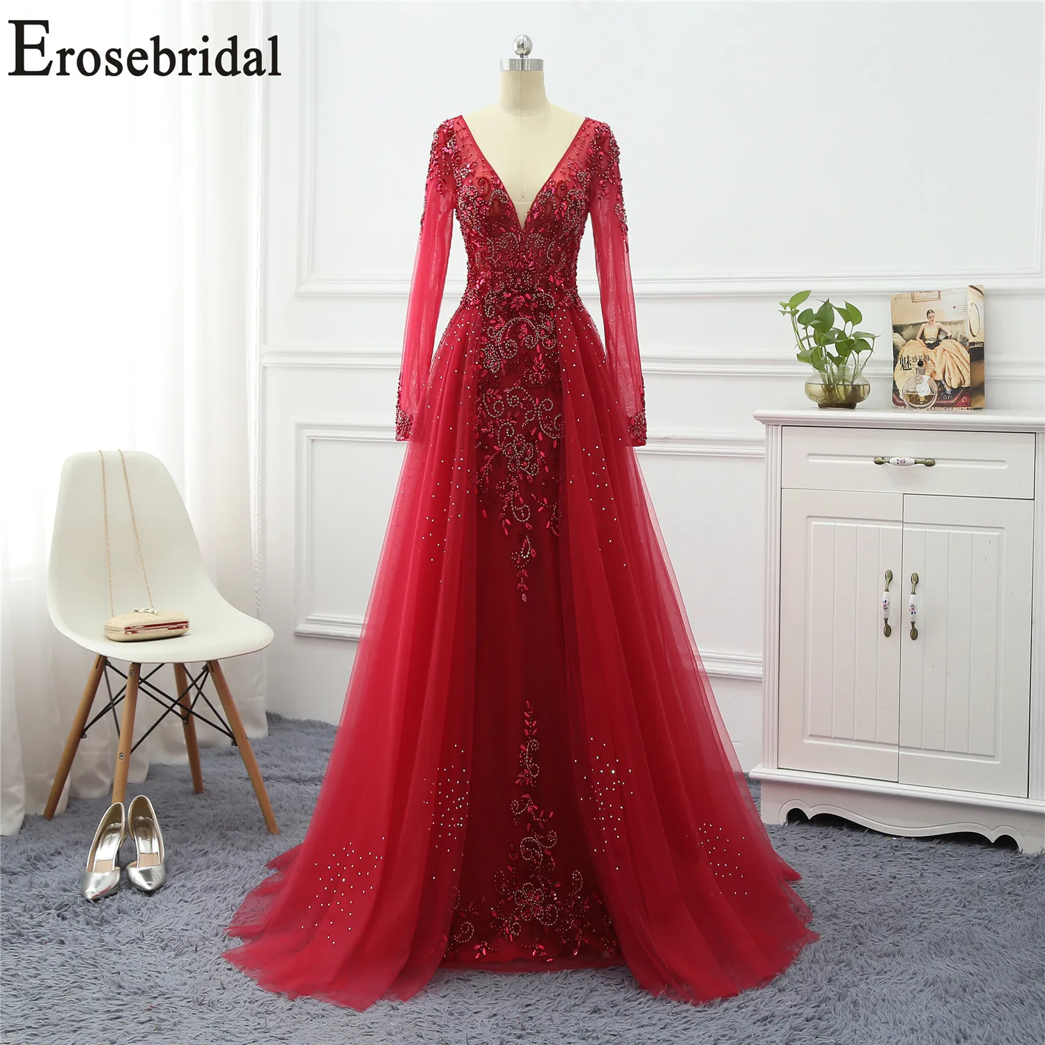 Женское вечернее платье с длинным рукавом Erosebridal красное элегантное блестящее