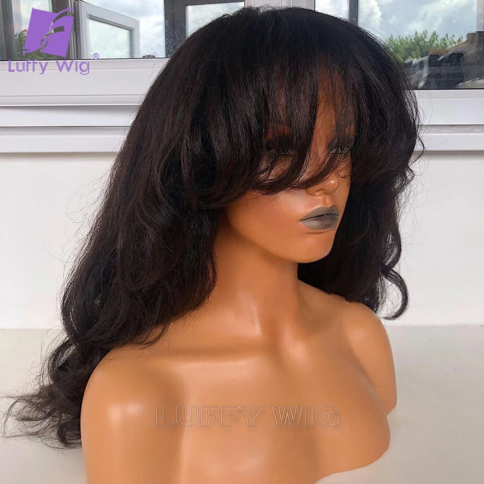 200 Density Yaki Wavy Human Hair Wigs With Bangs Machine Made Scalp Top Wig Remy Brazilian Human Hair Wigs For Women Luffywig