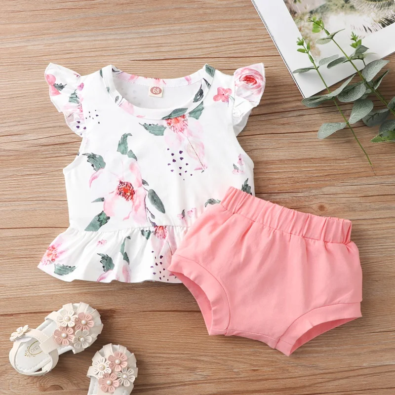 

Summer 2pcs Sets Baby Girl Clothes Set Flower Print Ruffles Flying Sleeve Tops+pink Briefs Breathable Baby Girl Outfit 0-18M