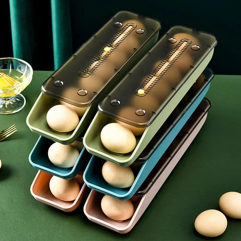 

Automatic rolling egg storage box tilt design plastic kitchen container household refrigerator drawer double-layer meatball tray