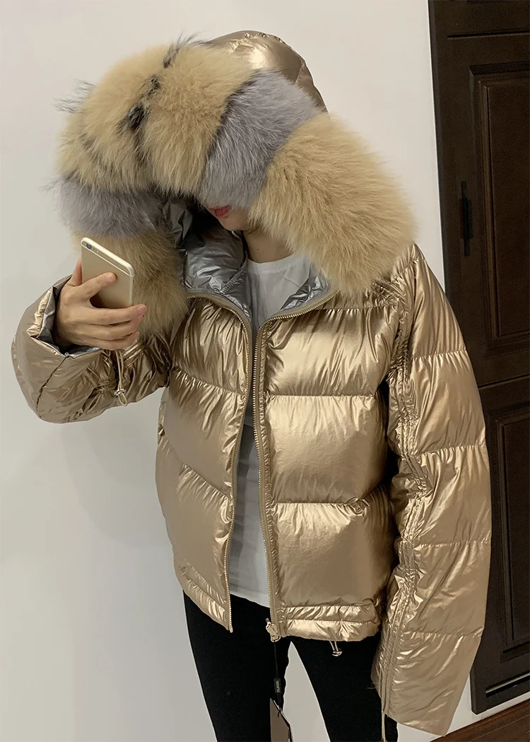 Зимняя женская куртка, свободное короткое пальто, пальто из натурального меха, Воротник из натурального Лисьего меха, пуховик на белом утином пуху, Толстая теплая парка