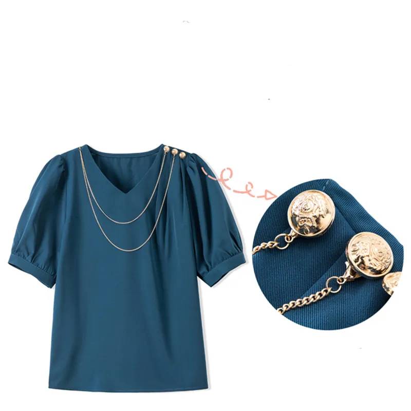 

Korean Summer Women's Shirt Chiffon Blouses for Women Solid Folds Shirt Pink O-neck Chain Blouse Top Female 2021 Basic Shirts OL