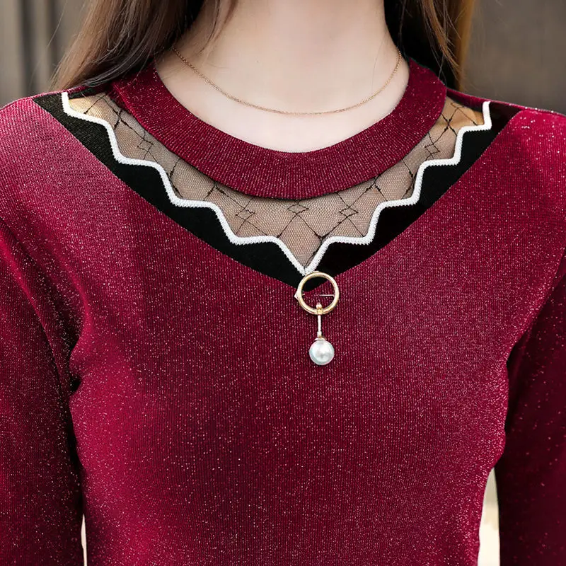 Женские блузки с длинным рукавом бархатные кружевные тонкие уличные сетчатые