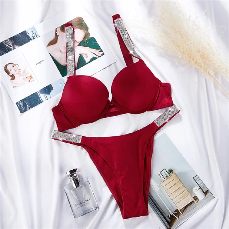 

Sexy Women Bra Briefs Set Push Up Solid Bra Set Rhinestones Letter Two Pieces Intimate Suit Lingerie Underwear Sujetador