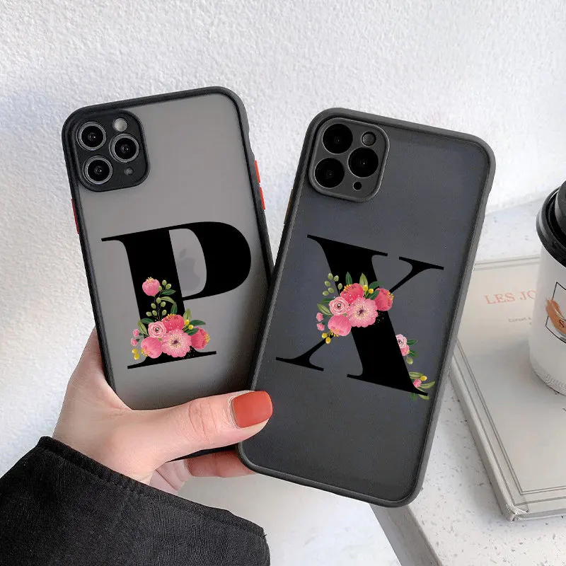 Camera Protection Initial Letter Phone Case For iPhone 11 12 13 Mini Pro Max X XS XR 7 8 Plus Flower Clear Matte Hard PC Cover