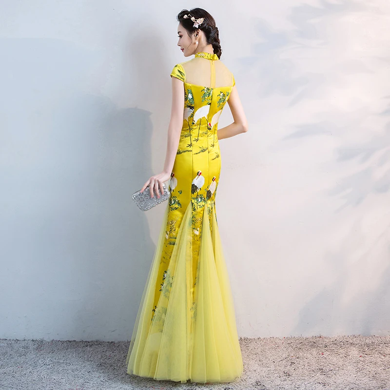 Женская одежда в китайском стиле свадебное длинное желтое платье Ципао ретро