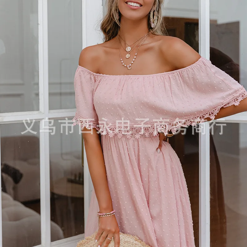 

Fashion New Slash Neck Hollow Out Long Dress Summer Bohemian Strapless Ankle-Length A-LINE Dresses for Women Party Donsignet