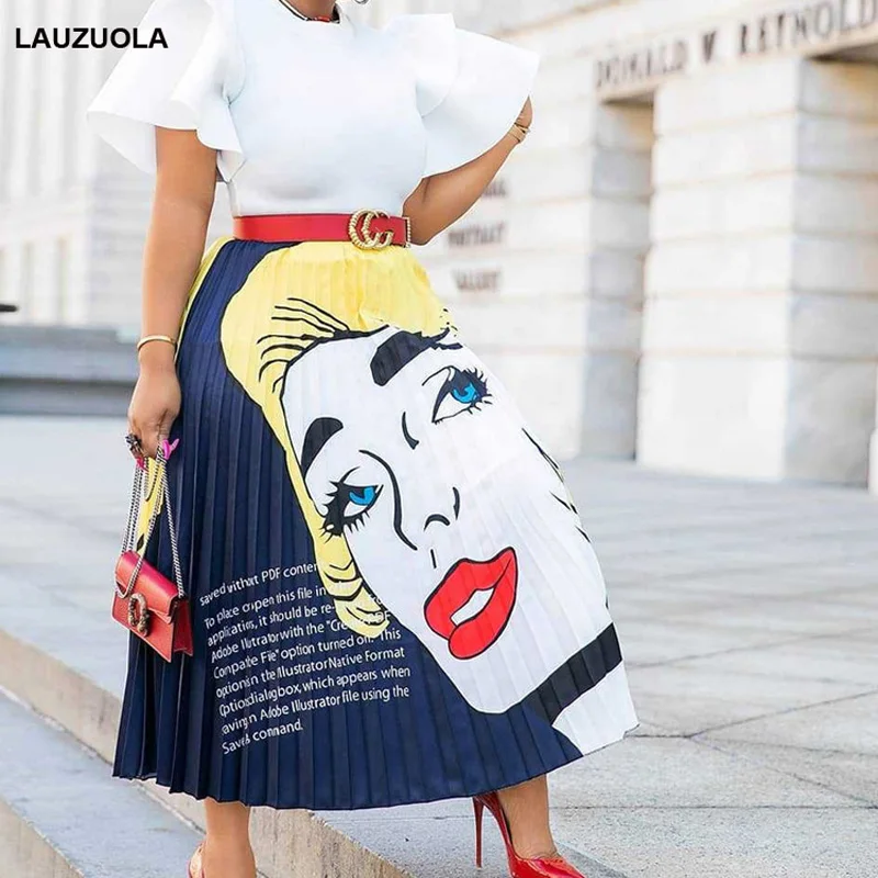 LAUZUOLA Spring Autumn Printed Cartoon Skirt Midi High Street Party Holidays High Elastic Quality Long Pleated Skirts Womens