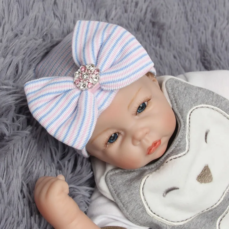 Newborn Baby Girl Boys Cute Striped Bowknot Hospital Hat Beanie Stretchy Cap With Shiny Diamonds hot | Детская одежда и обувь