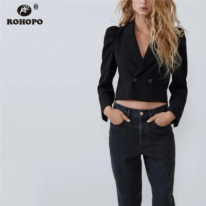 ROHOPO черный укороченный Тонкий Блейзер с двойными пуговицами и зубчатым