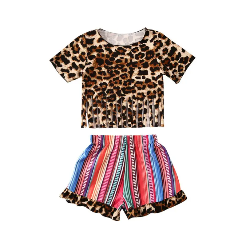 Одежда с леопардовым принтом для маленьких девочек 1 4 лет футболка бахромой