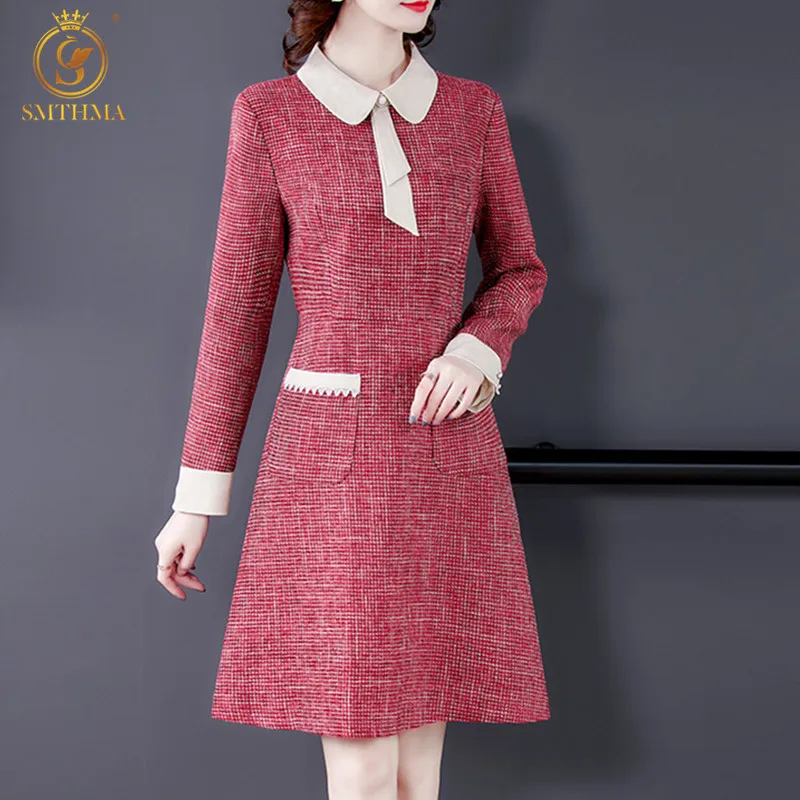 

SMTHMA Vintage Red Tweed Dress Woman Lapel Elegant Party Dresses Female Autumn Winter Woolen Dress Vestidos Mujer