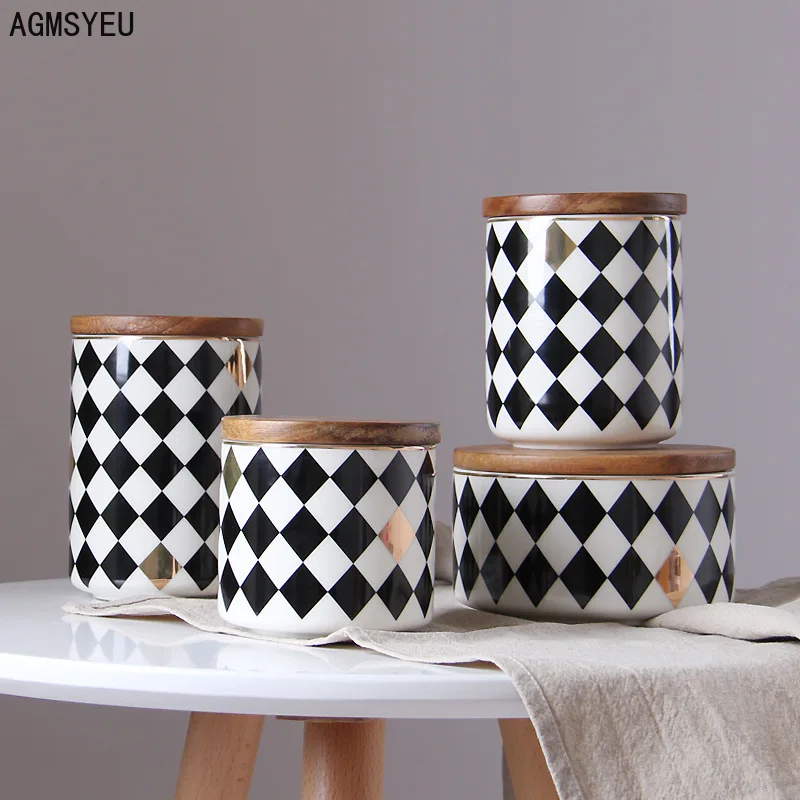 

AGMSYEU Modern simplicity Creative Sealed Storage Jar Wooden Cover Ceramic Storage Jar Dried Fruit Home Kitchen Decoration