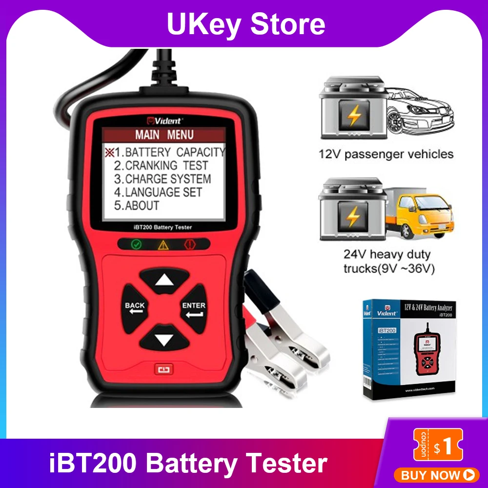 9V-36V VIDENT iBT200 Battery Tester Analyzer for 12V Passenger Cars and 24V Heavy Duty Trucks 100 to 2000CCA Multi language