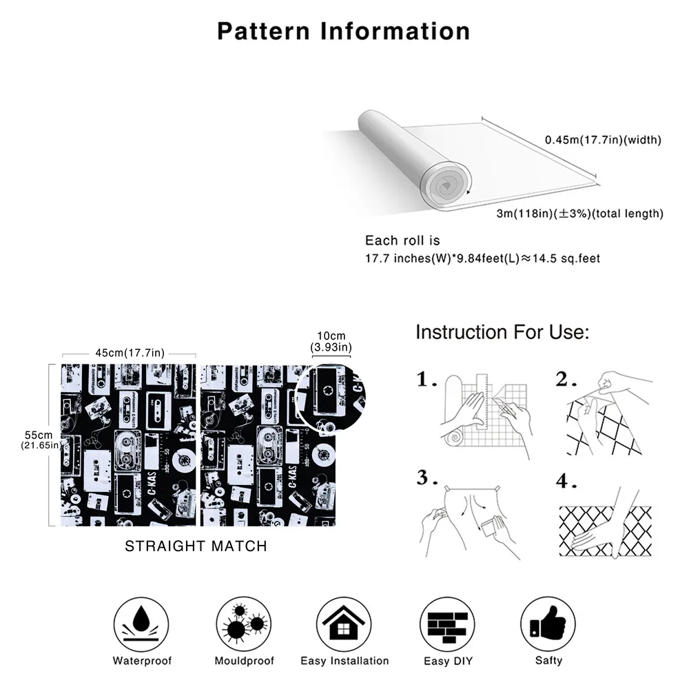 

Peel And Stick Wallpaper Art Black White Radio Magnetic Tape Stitching Textured Self Adhesive Wallpaper For Kitchen Decoration