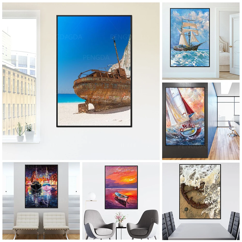 

Wall Art Ocean Sail Boat Poster HD Prints Colorful Sunset Seascape Canvas Painting Home Decor Bedroom Modular Pictures Framework
