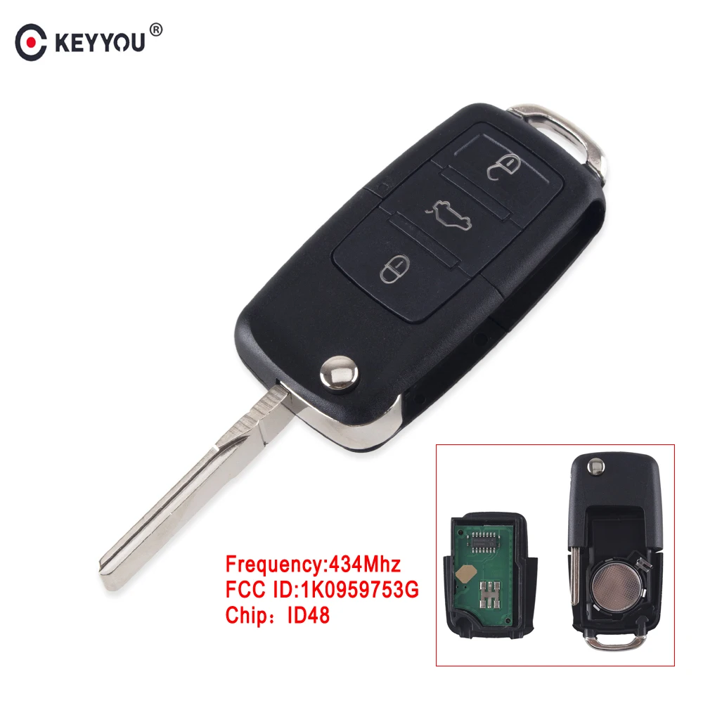 Автомобильный ключ KEYYOU с дистанционным управлением 3 кнопки 434 МГц 1K0959753G для VW