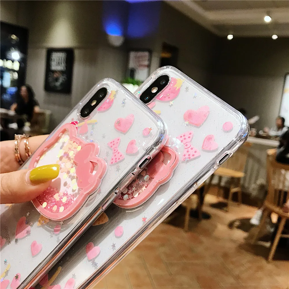 Милый розовый блестящий чехол Hello kitty из ТПУ с блестками для iPhone 11 6s 7 8 Plus X XR XS MAX love heart сыпучий песок украшение лазерный чехол