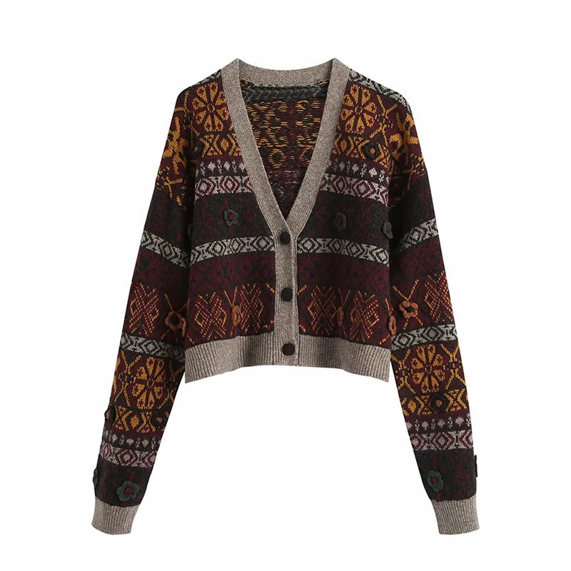 

Retro Tribal Ethnic Style Jacquard Sweater Long Sleeve V-Neck Knitted Cardigan Autumn And Winter Sweet Floral Knitted Jacket