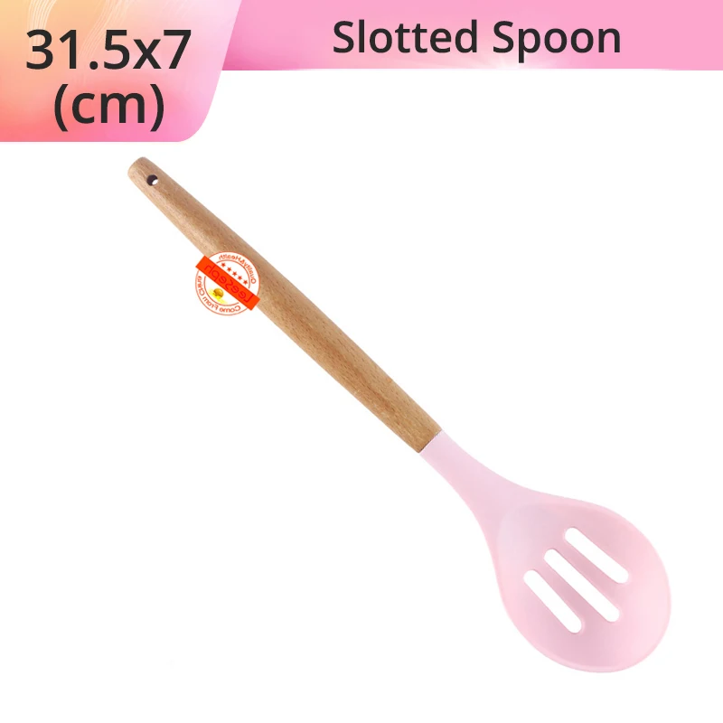 Pink Slotted Spoon Силиконовая кухонная утварь-деревянные ручки, антипригарная не царапающаяся и термостойкая кухонная посуда кухонные инструменты - Цвет: Pink Slotted Spoon