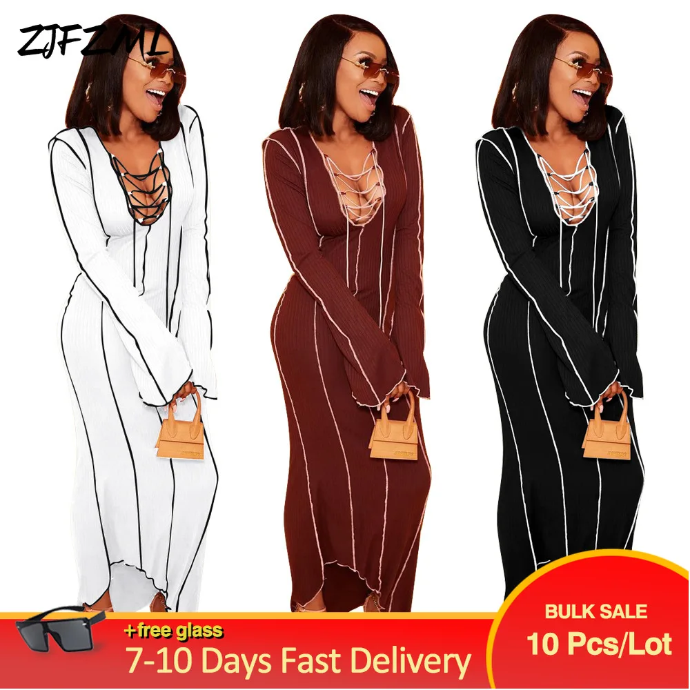 

Wholesale Bulk Items Lots Vertical Striped Spliced Sheath Dress Women Full Flare Sleeve Wrap Dresses Elegant Hollow Vestidos