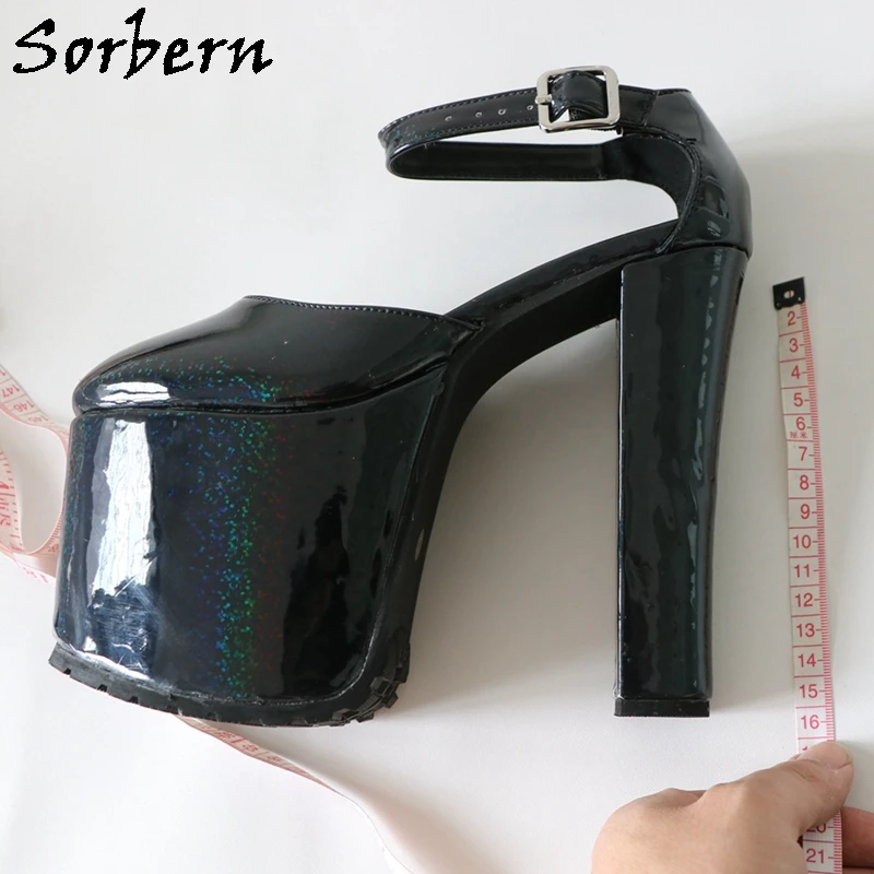 Sorbern Holo Glitter Women Pump Block High Heels Ankle Straps TPU Rubber Sole Thick Platform Chunky Heeled Shoes Fetish Style