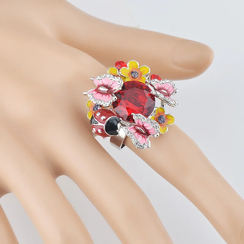 

Copper Alloy acrylic Adjustable Size Luxury Creative Exaggerated Ladybird animal ornaments jewelry rings for women wholesale