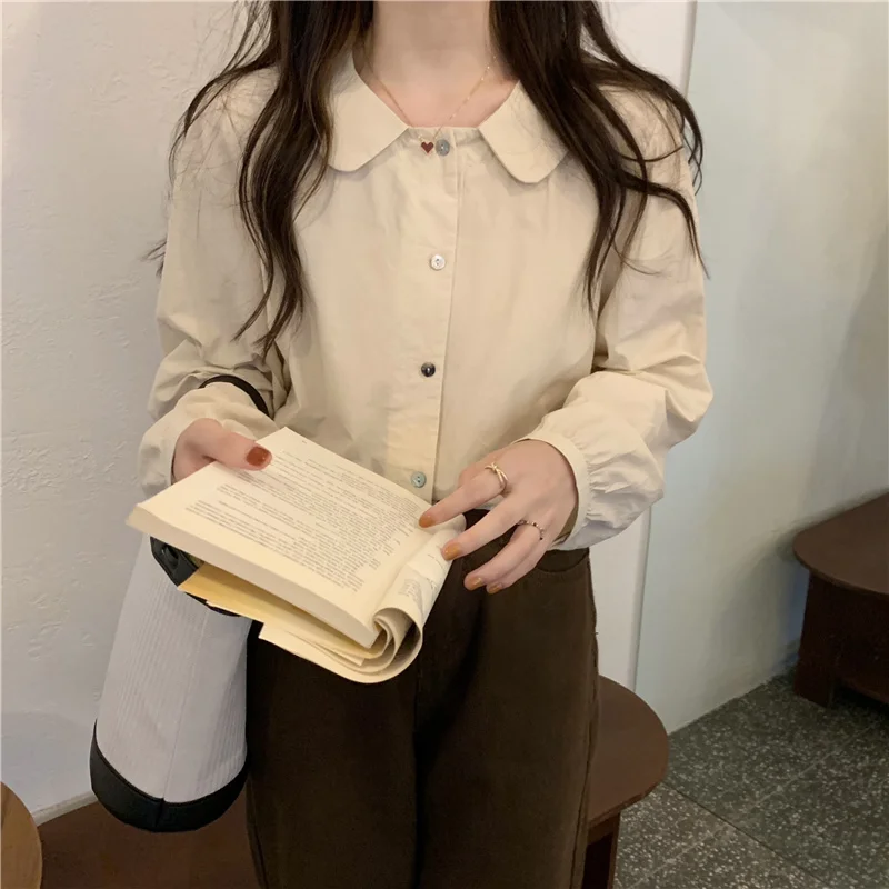 Осень 2021 Белый Топ шикарный дизайн детский воротник рубашка с длинным рукавом