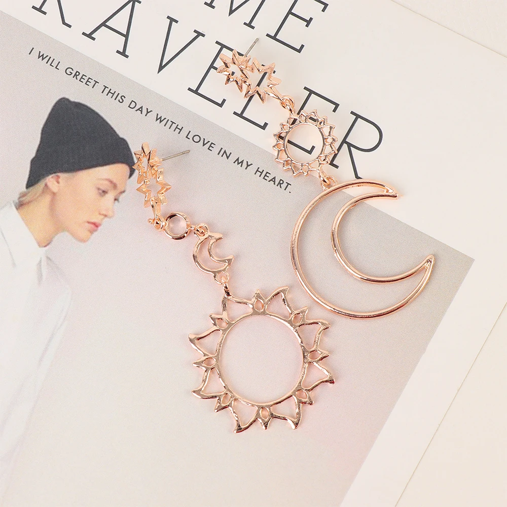 

1Pair Women Fashion Dangle Long Earrings Hollow Out Star Moon Sun Asymmetry Geometric Drop Earrings Girls Charm Jewelry Gifts