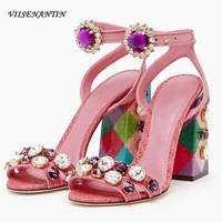 pink lady summer sandal shoes gemstone ankle strap chunky high heeled sandalias retro colorful heel crystal beautiful shoe