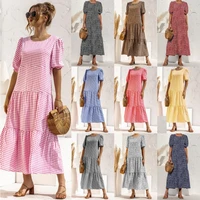 womens summer 2022 round neck puff sleeve plaid and dot series cotton and linen casual long dress