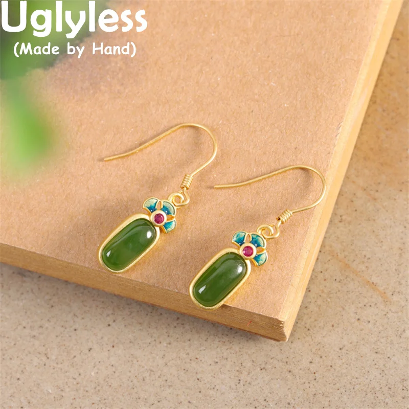 

Uglyless Enamel Little Flowers Earrings for Women Natural Gemstones Jasper Green Jade Earrings 925 Silver Rectangle Brincos Gold