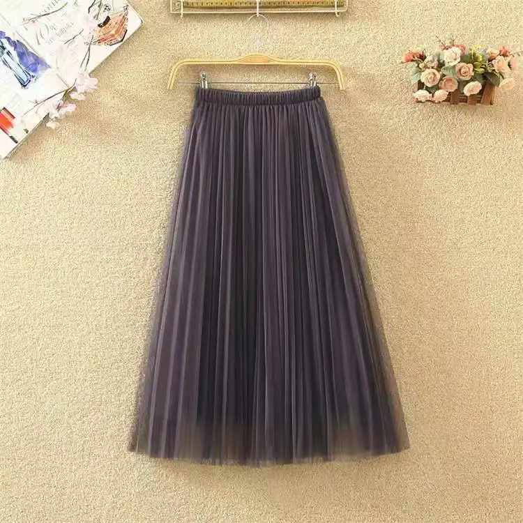 

2021 spring and summer mesh skirt is versatile, medium and long Korean high waist slim A-line skirt, big pompous gauze skirt