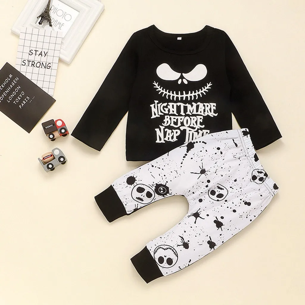 Одежда для маленьких девочек на Хэллоуин топы с буквенным принтом свитер штаны
