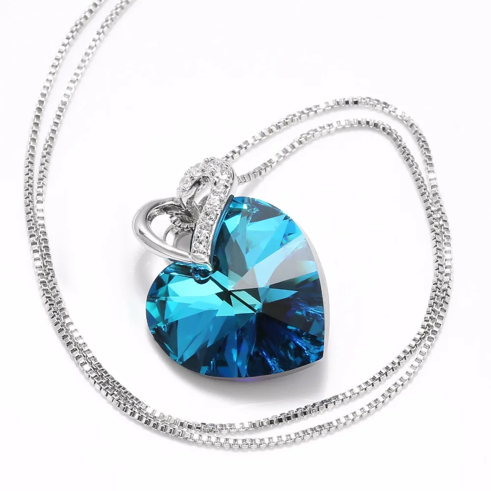 Украшенное кристаллами Swarovski модное ювелирное ожерелье для женщин синее сердце хрустальное ожерелье с подвеской подарок