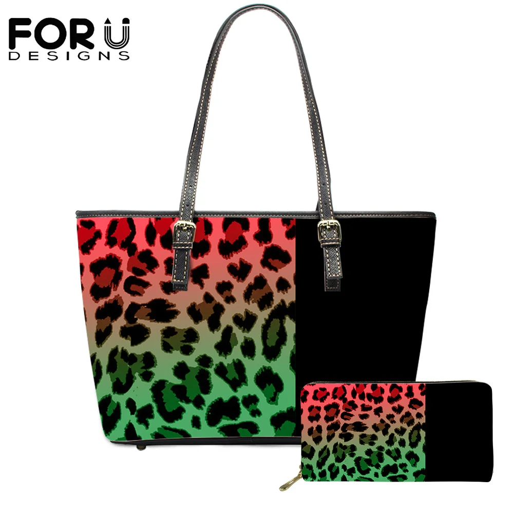 

FORUDESIGN 2021 2Pcs PU Big Bags Fashion Wallet For Ladies 2021 Fashion Leopard Stitching Design Good Quality Beach Handbags