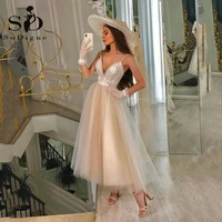 sodigne summer champagne short wedding dress 2022 tea length v neck bridal dress a line tulle wedding gowns for women
