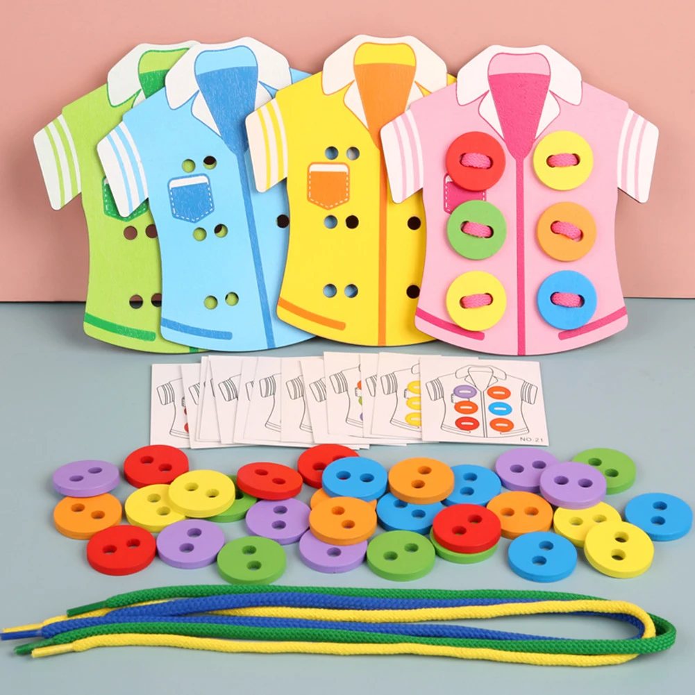

4Pcs Wooden Sew-on Buttons Threading Lacing Clothes Board Kids Education Toy