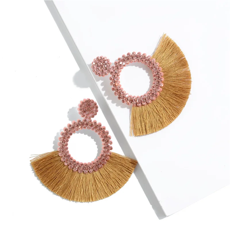 Зимние Модные богемные большие серьги с кисточками и кристаллами черные белые