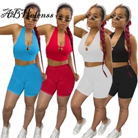 summer new solid female fitness sporty v neck sleeveless hlater crop top biker shorts casual tracksuit two piece set women