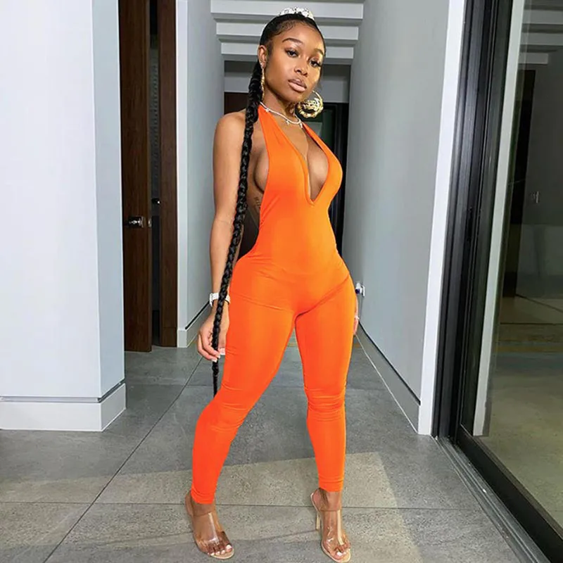 

Vetement Femme 2021 Summer Cross Border New Women's Tight And Sexy Open Back And Neck Sleeveless Deep V-Lift Hip One-Piece Pants