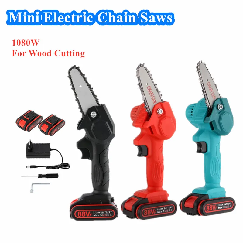 

1080W 4 inch Mini Electric Chain Saw With 2pcs Battery Woodworking Pruning Garden Tool Rechargeable EU Plug
