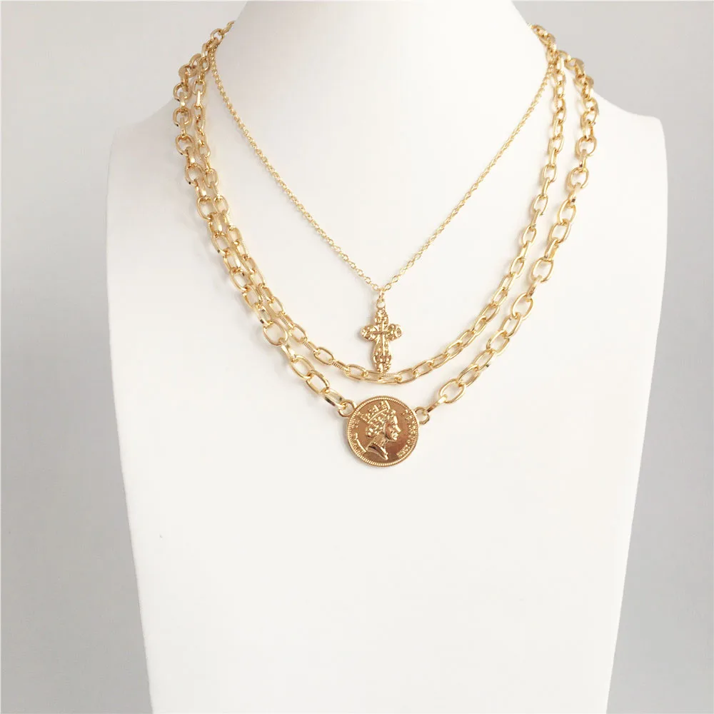 Модное ювелирное изделие колье монета золотого цвета и крест кулон короткий для