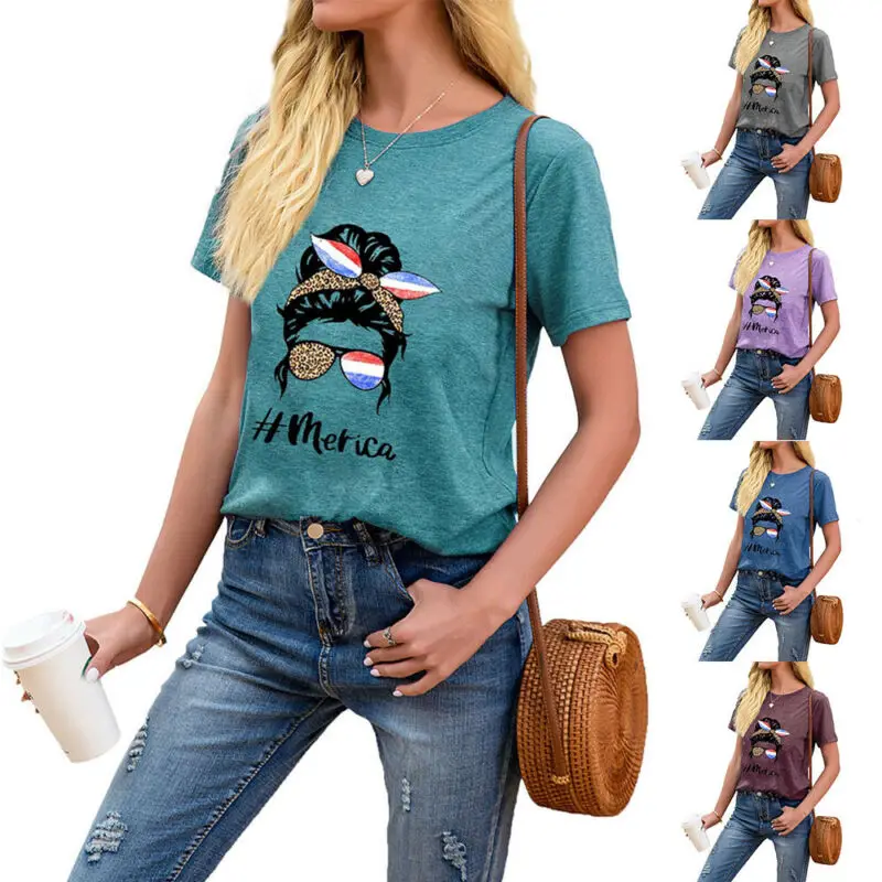 

Women Summer Short Sleeve Crew Neck Print Casual Loose T-shirt Blouse Basic Top