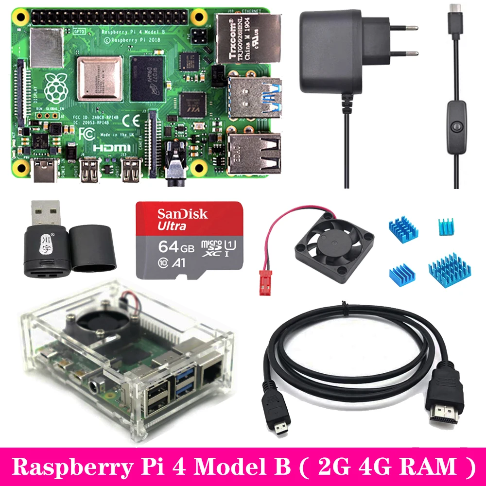 Original Raspberry Pi 4 2GB 4GB RAM with Acrylic Case Power Supply Adapter Aluminum Heat Sink for Raspberry Pi 4 Model B Pi4 4B