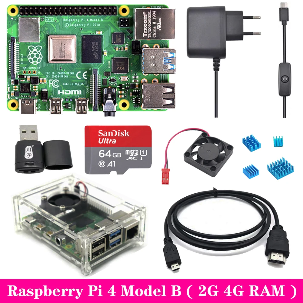 

Original Raspberry Pi 4 2GB 4GB RAM with Acrylic Case Power Supply Adapter Aluminum Heat Sink for Raspberry Pi 4 Model B Pi4 4B